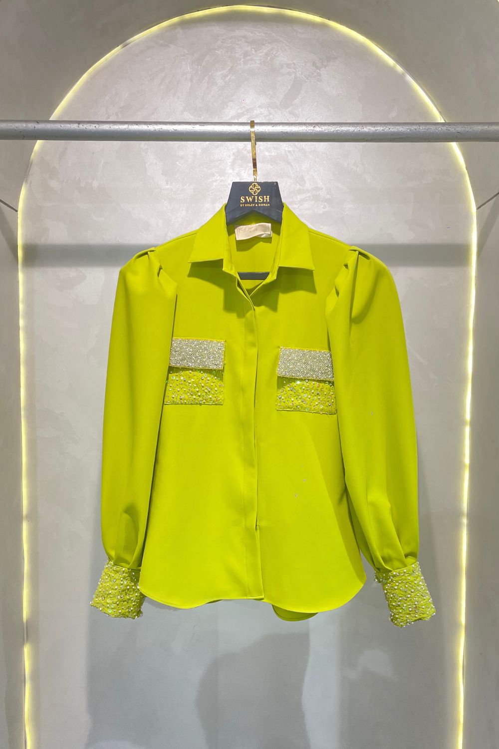Neon Green Pearl Embellished  Shirt