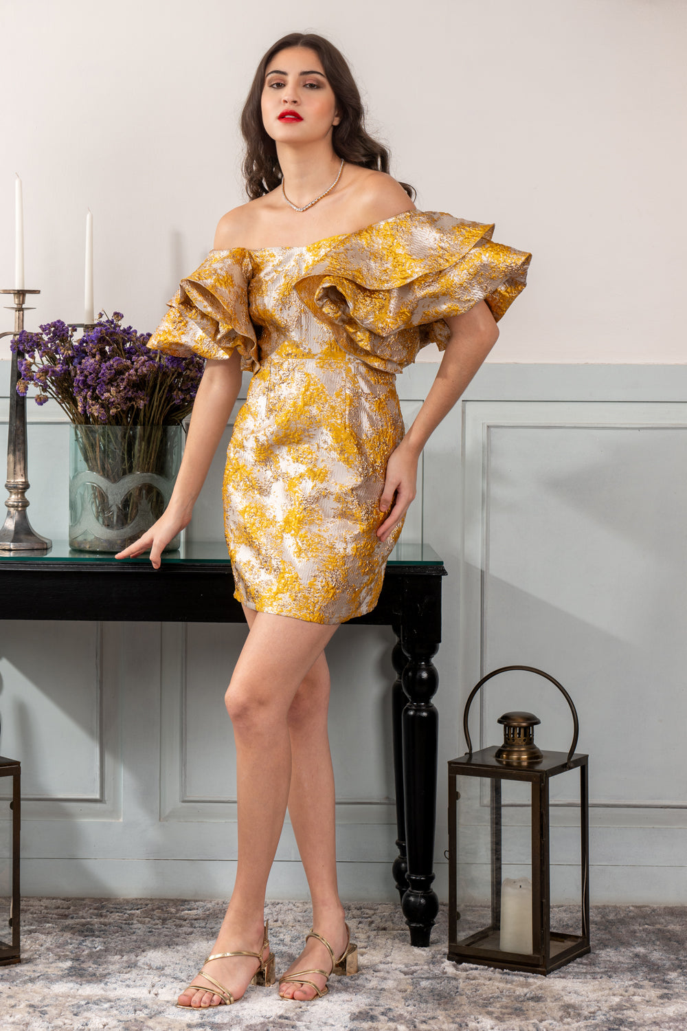 Yellow Brocade Short Dress