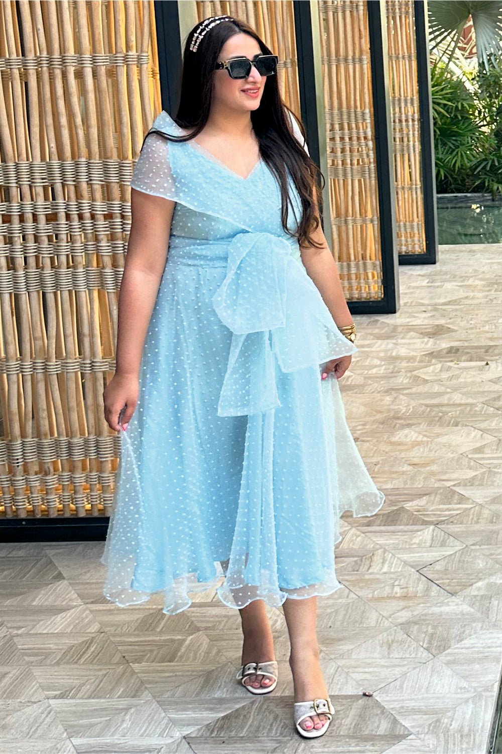 Blue Dotted Organza Midi Dress