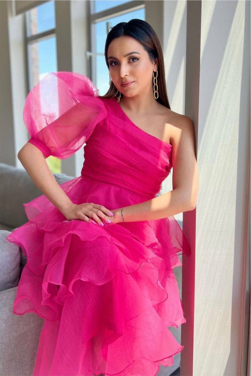 Kompal Matta Kapoor In Bloom Hot Pink Organza Frill Dress