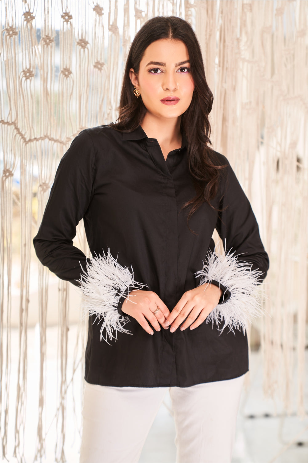 Black Shirt With Feathered Sleeves