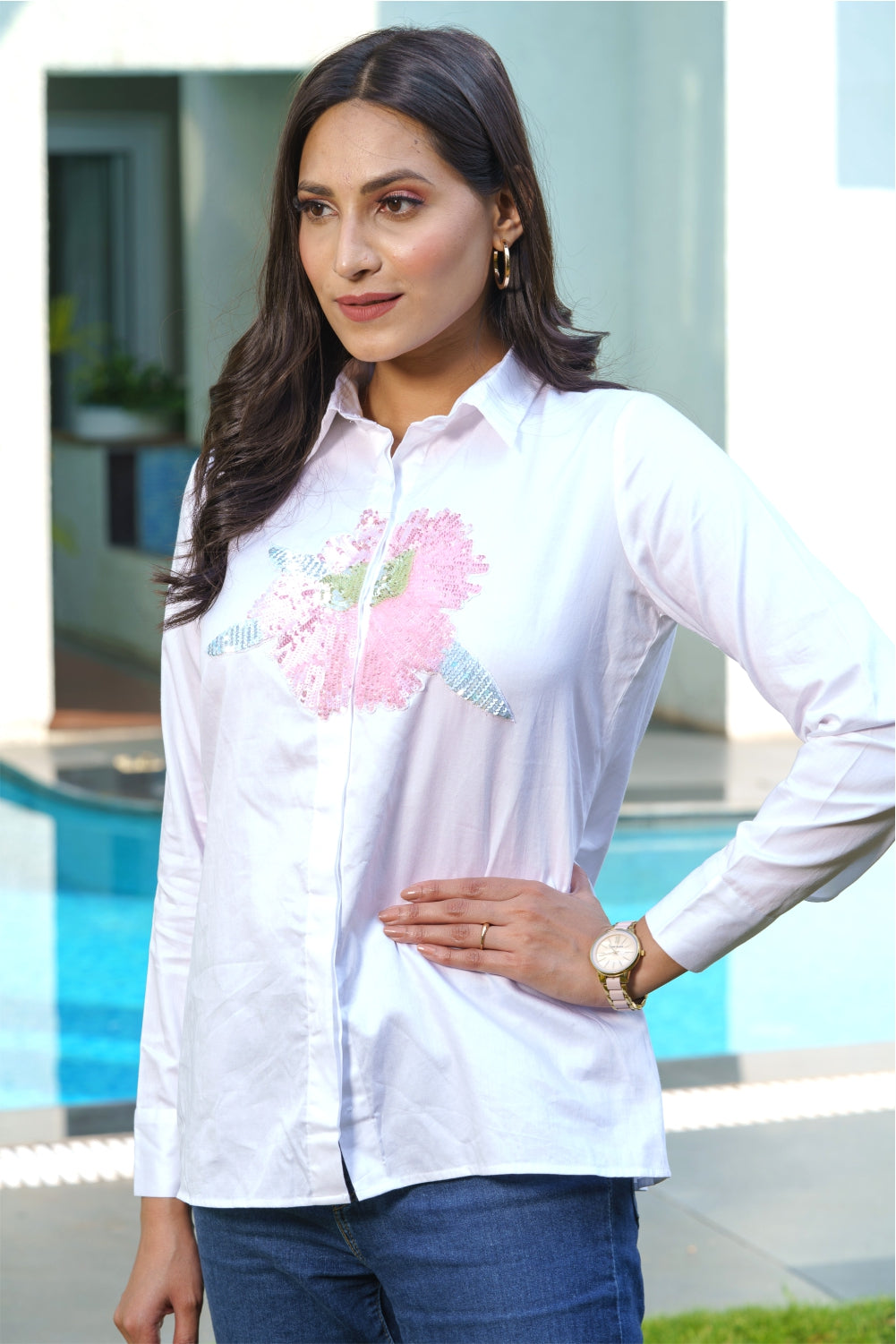 White Cotton Shirt With Big Flower Embellishment