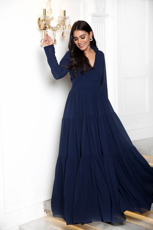 House Party Navy Blue Layered Gown (6752229458098)