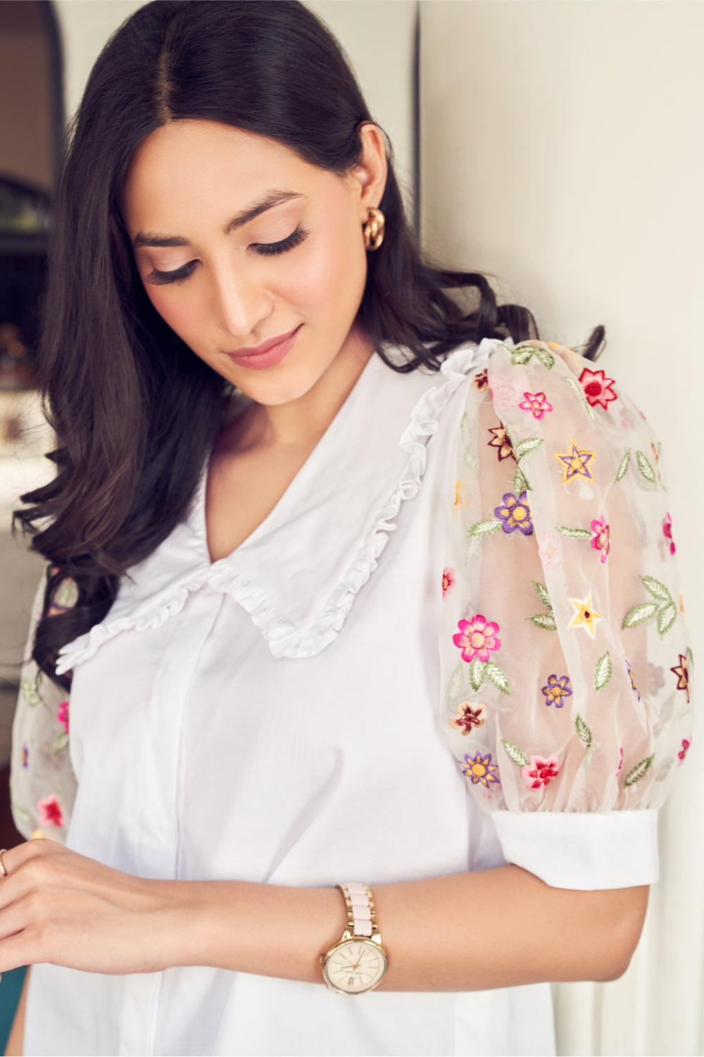 White Shirt with Floral Embroidered Sleeves
