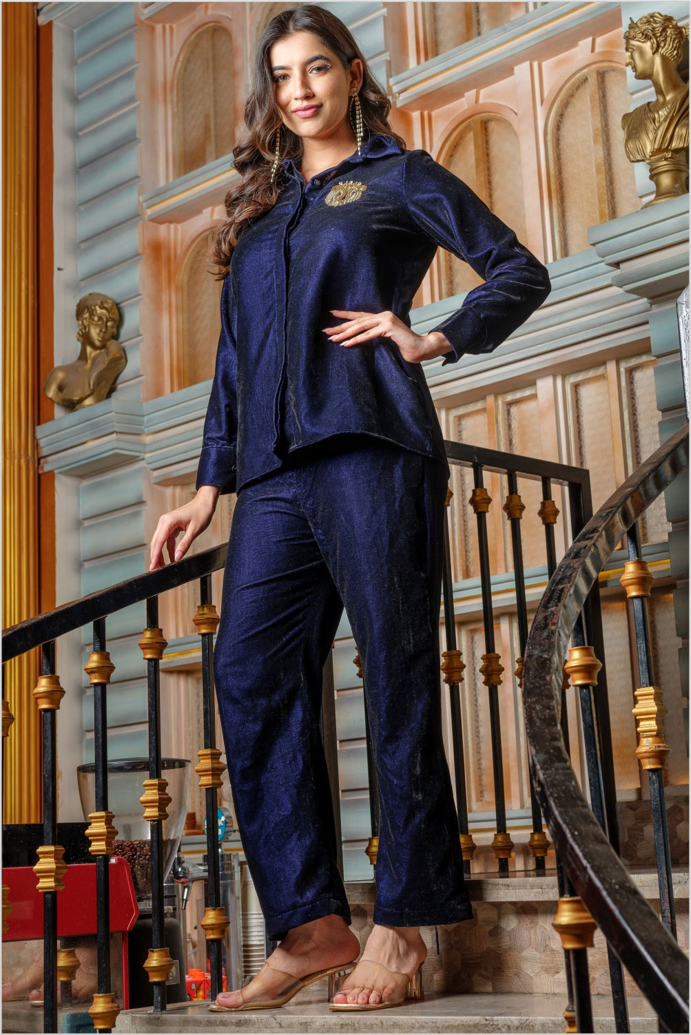Navy Blue Lion Embellished Shirt with Pants