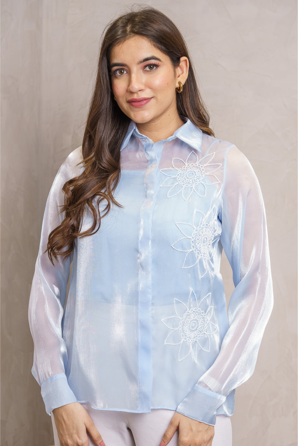 Lulu Ice Blue Organza White Floral Embellished Shirt