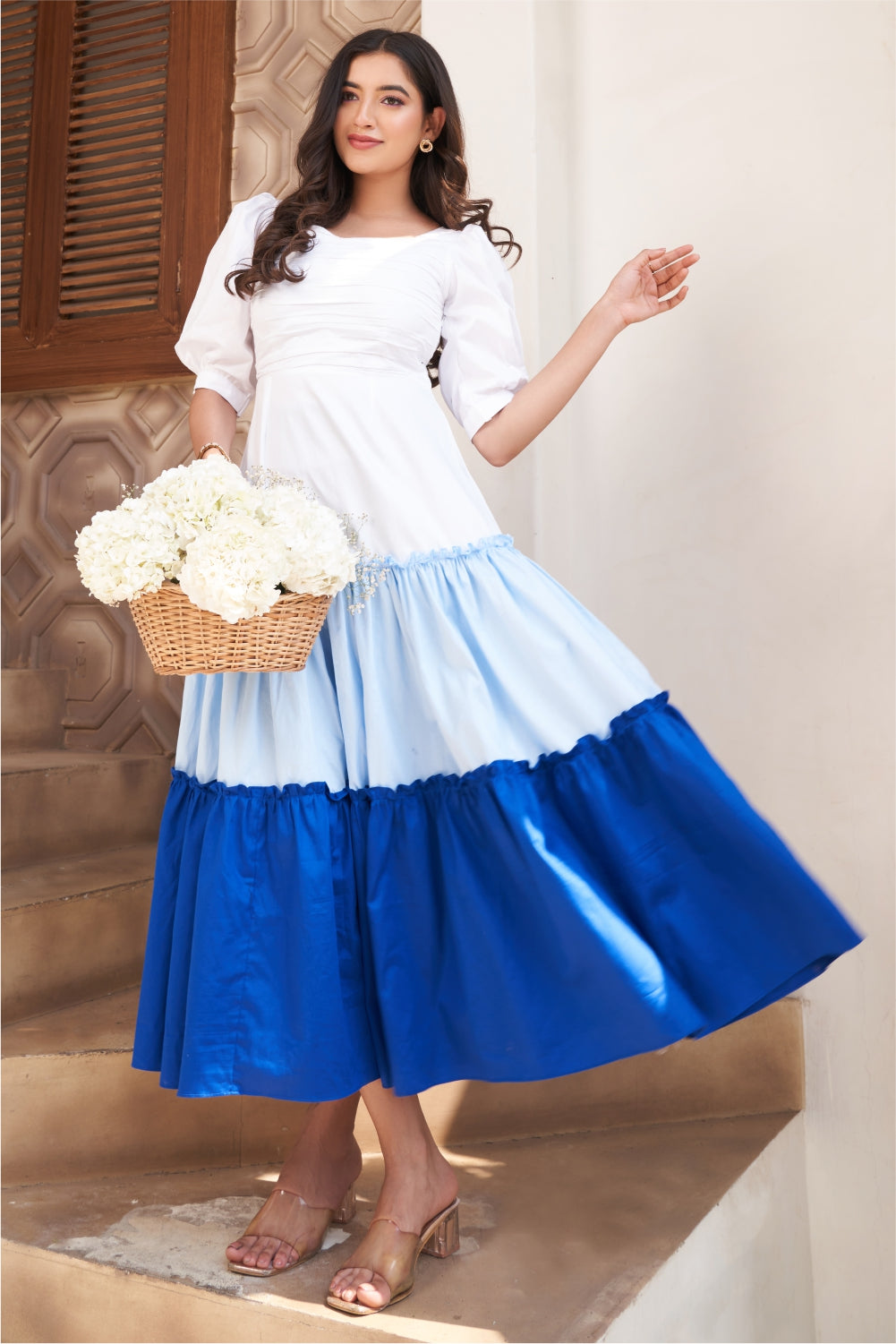 Tiered Midi Dress In White, Powder Blue And Royal Blue