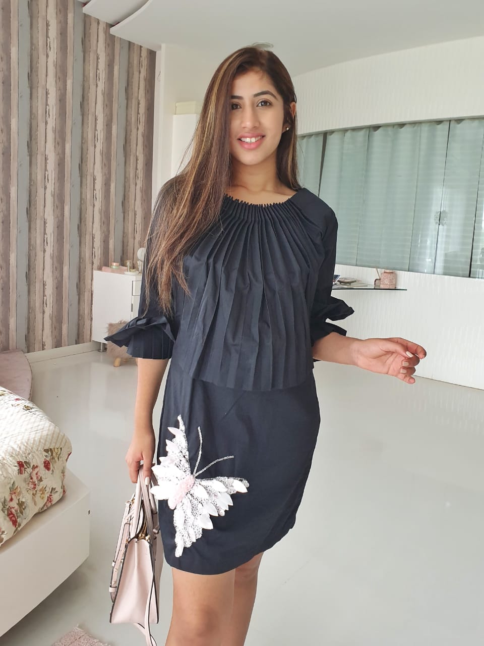 Black Pleated Cape Embellished Dress – LabelSwish
