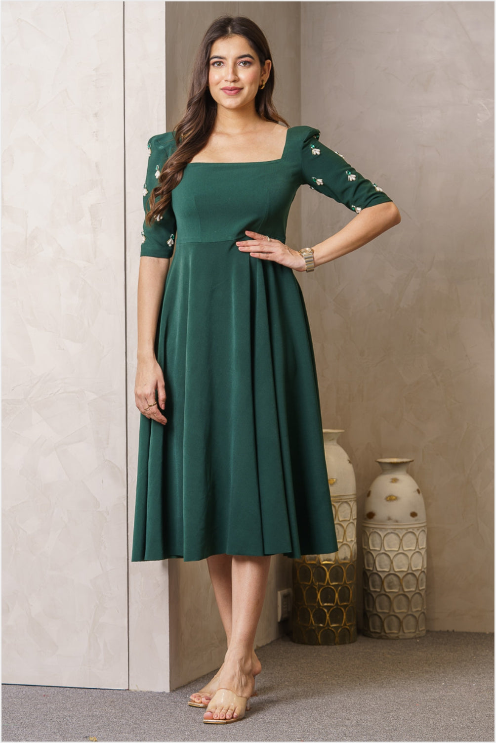Lulu Bottle Green Embellished Midi Dress Lulu Bottle Green Embellished Midi Dress