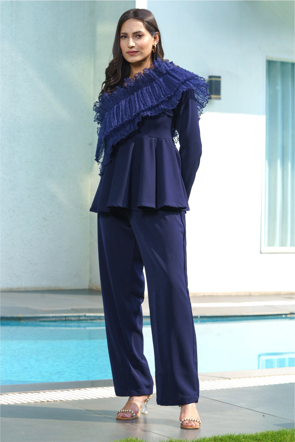 Navy Blue Gathered Frill Peplum Top With Pants