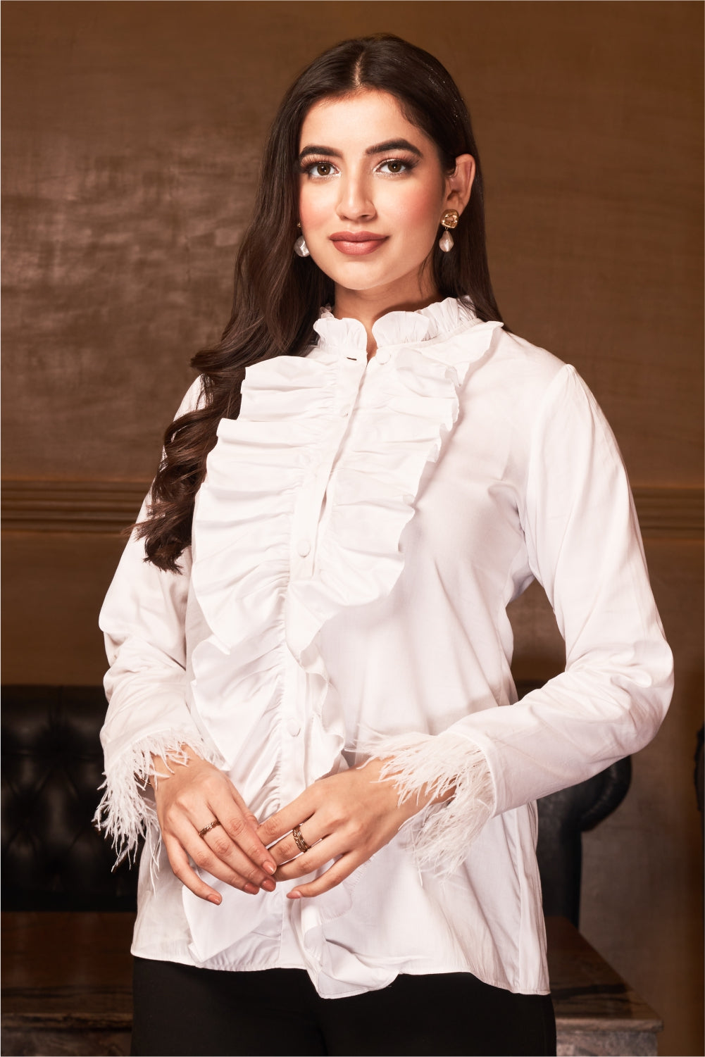 White Frill Shirt with Feathered Sleeve – LabelSwish