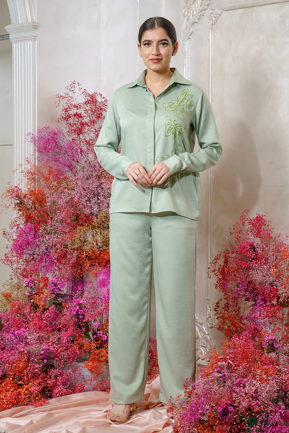 Mint Green Butterfly Embellished Shirt with Pants