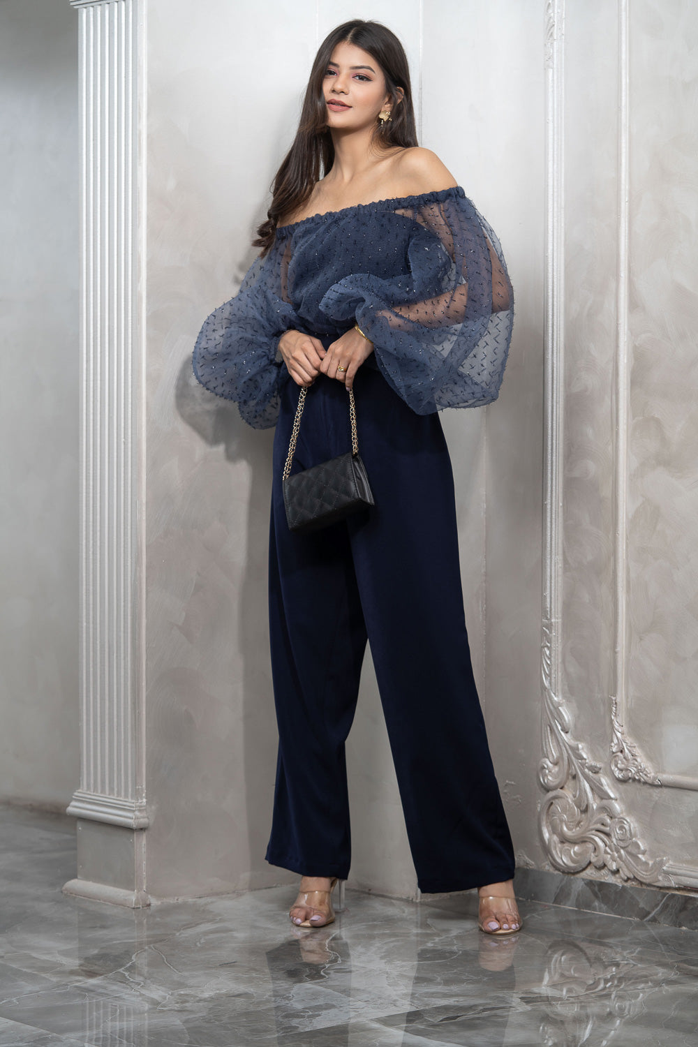 Bloom Navy Blue Organza Off Shoulder Balloon Sleeve Top With Pants