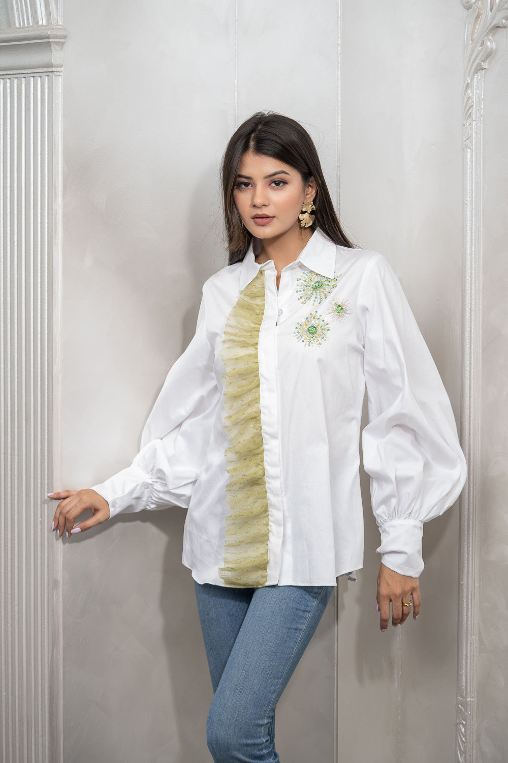 Bloom White Cotton Embellished Shirt With Green Organza Frill