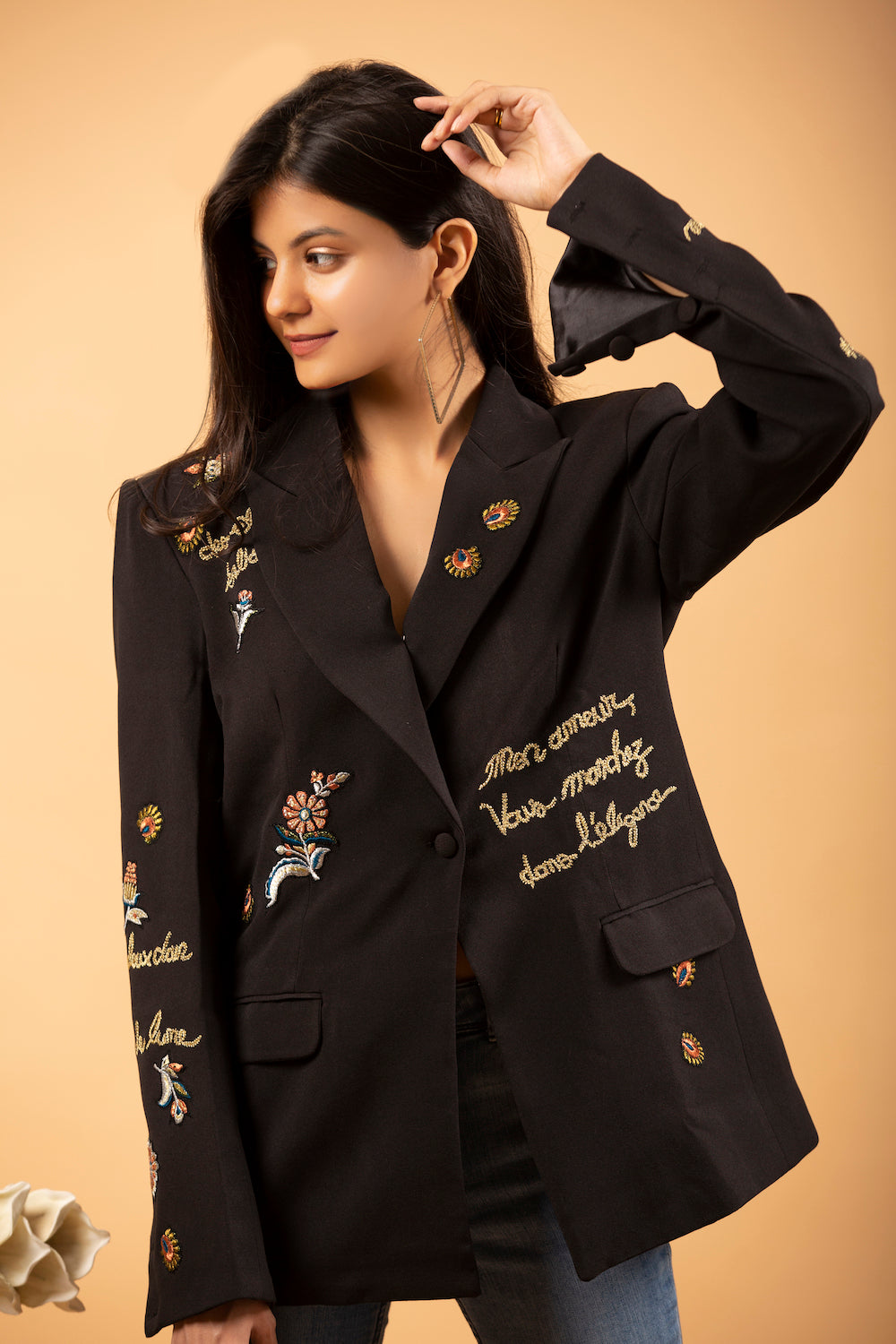 Black Embroidered Blazer - Main Image