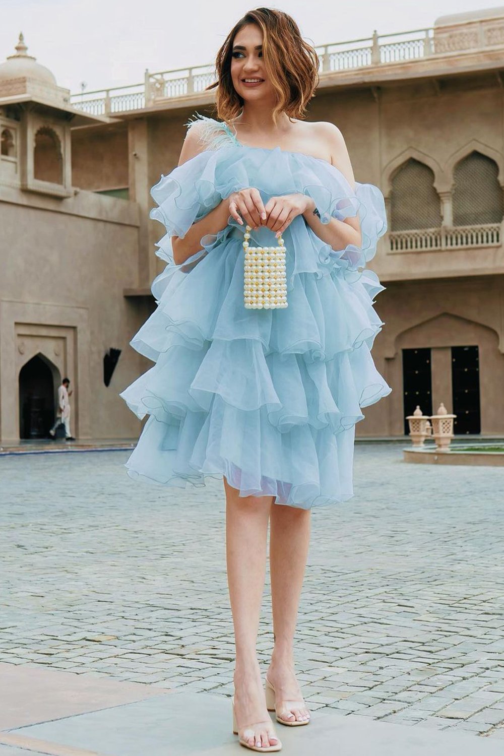 Feather Ruffle Layered Organza Dress LabelSwish