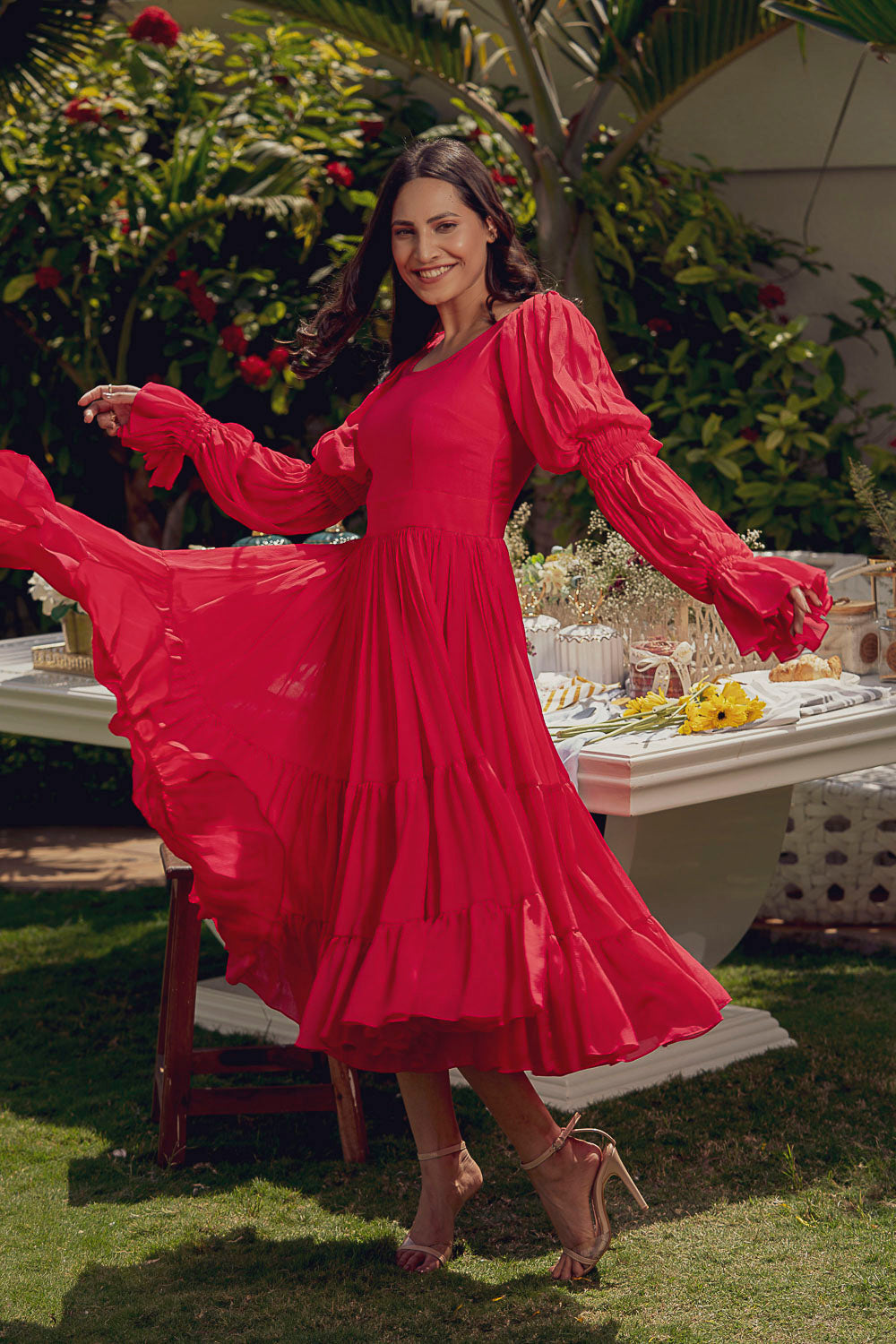 Hot Pink Layered Balloon Sleeves Dress – LabelSwish