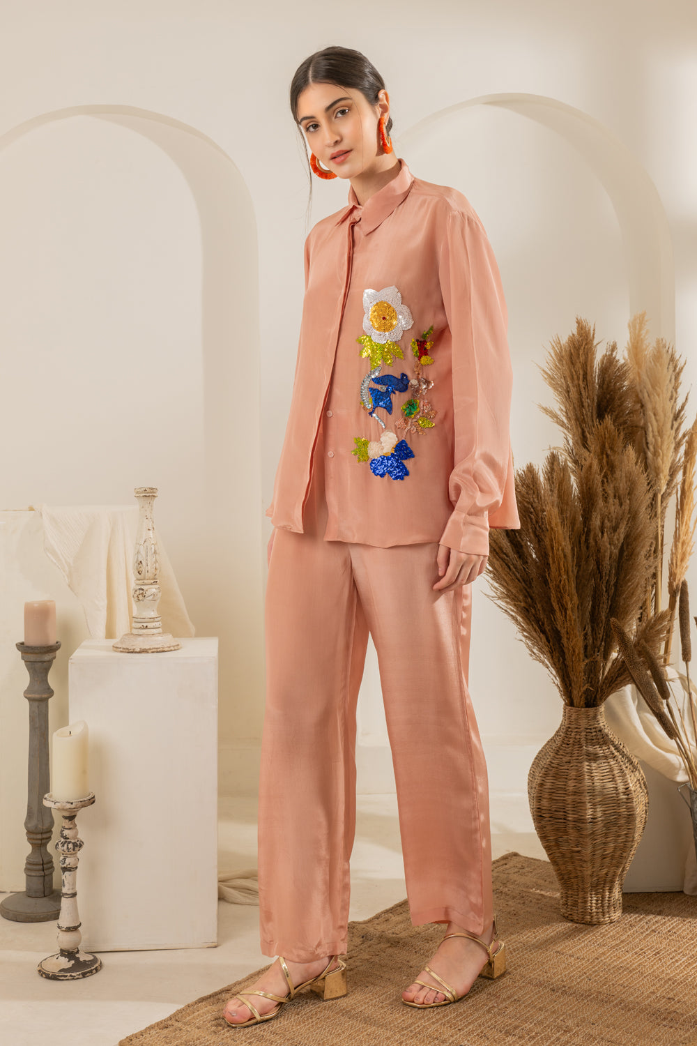 Peach Embellished Oversized Shirt With Pants