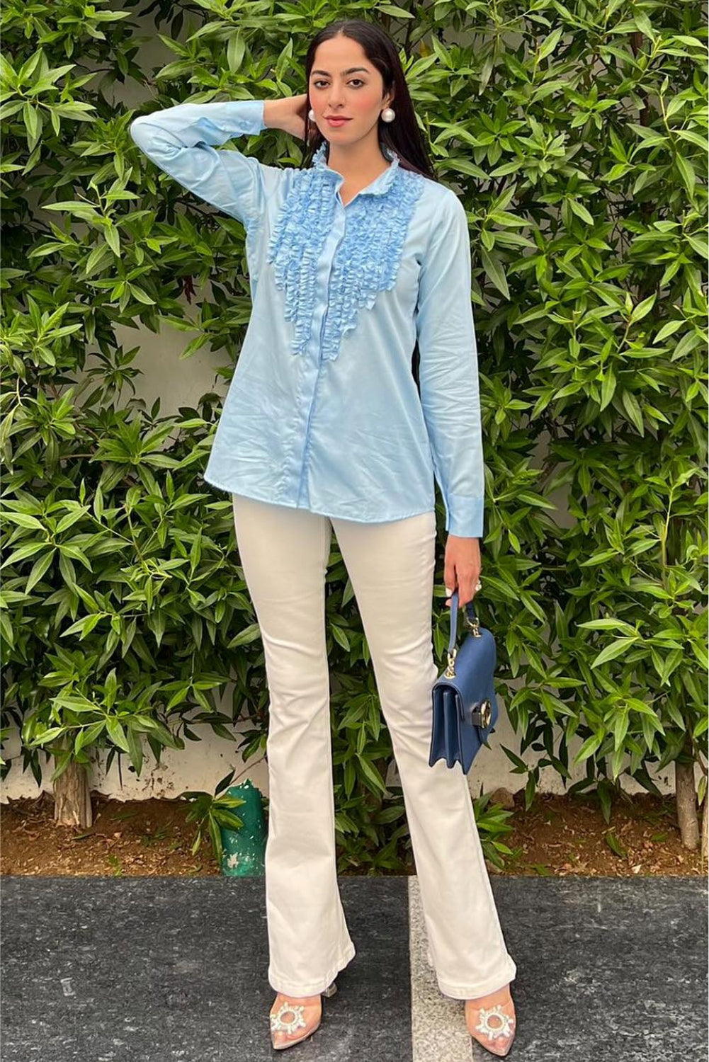 Jasnoor Anand In Powder Blue Cotton Frilled Shirt