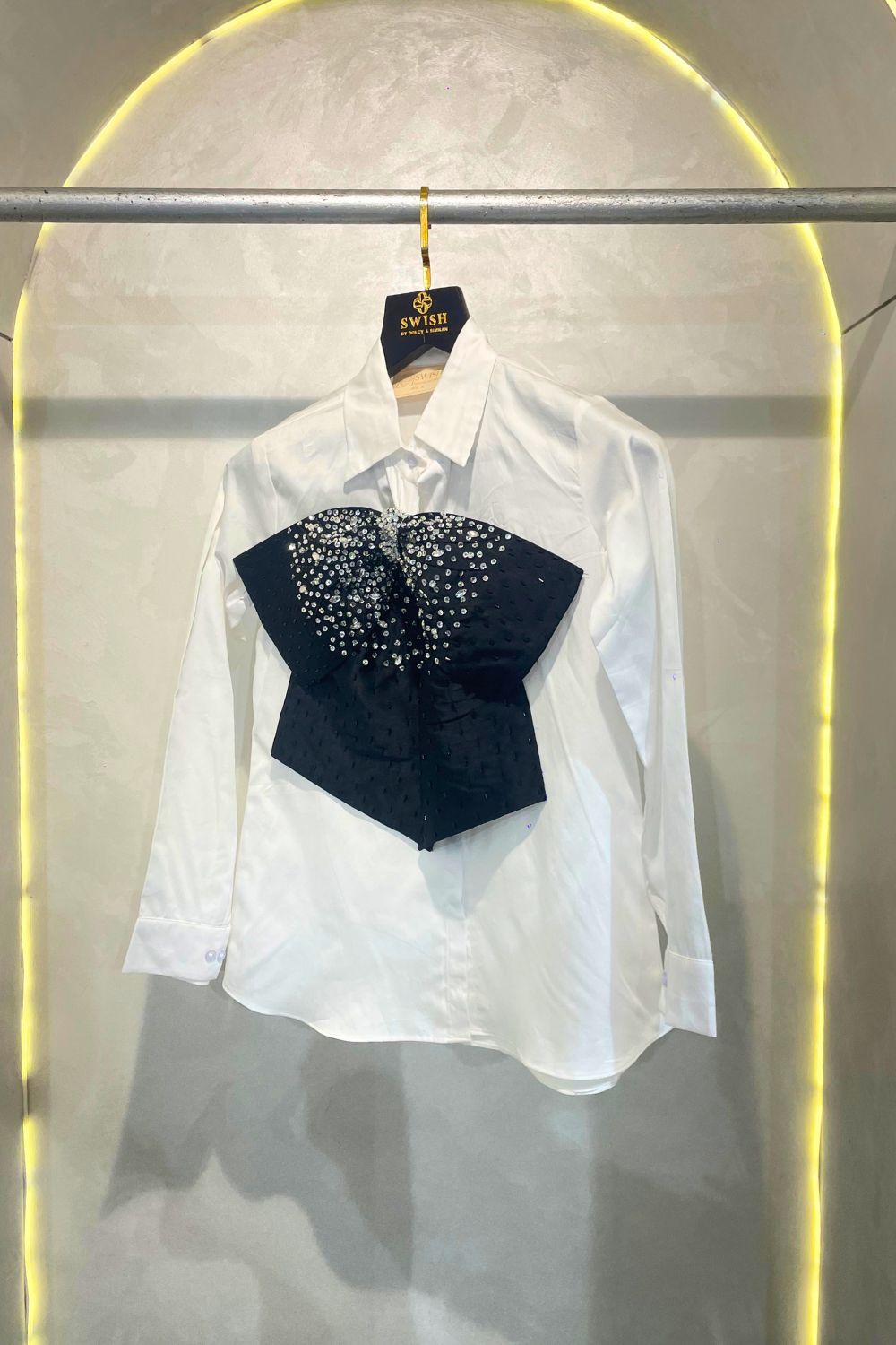 White Shirt With Embellished Black Satin Bow