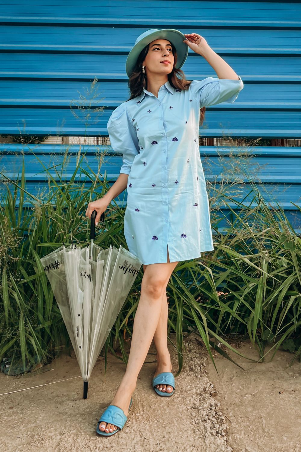 Sania Chadha In Powder Blue Cotton Dress With Embellished Front
