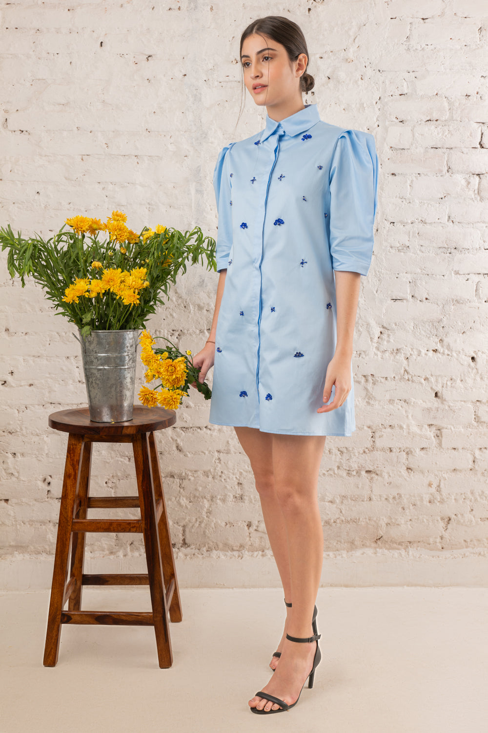 Powder Blue Cotton Dress With Embellished Front