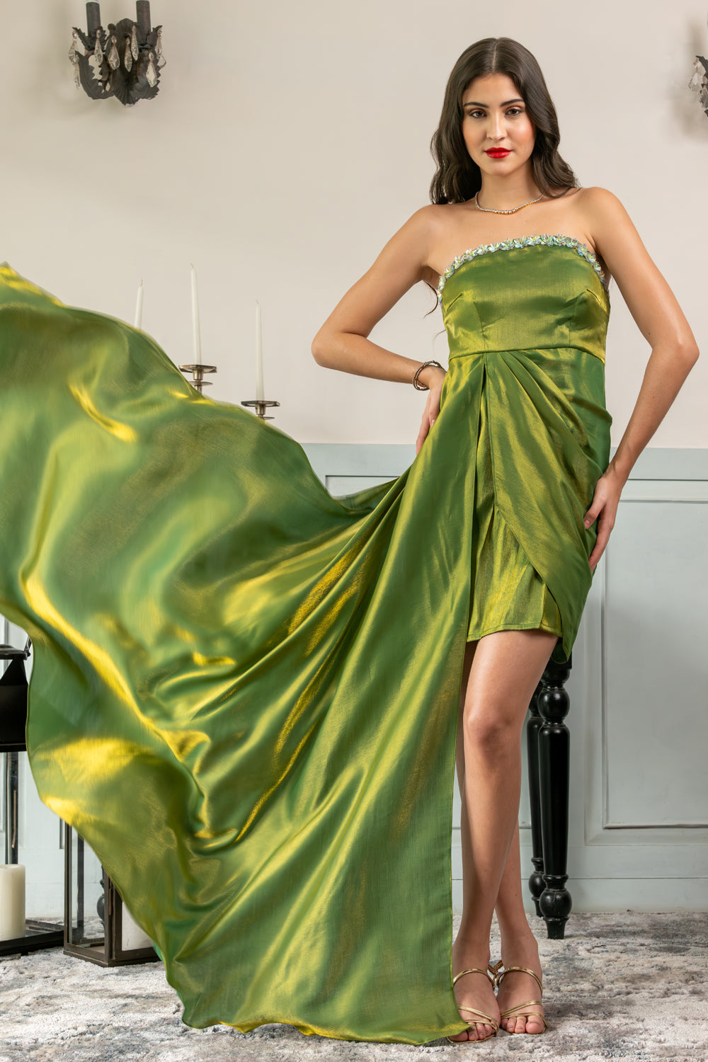 Green Metallic Drape Dress With Trail