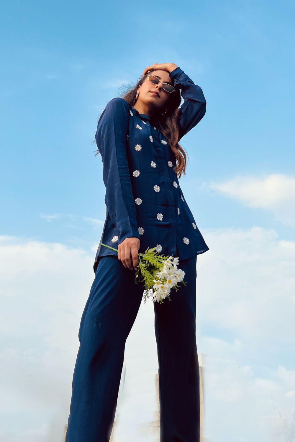Sania Chadha In Navy Blue Embellished Oversized Shirt With Pants