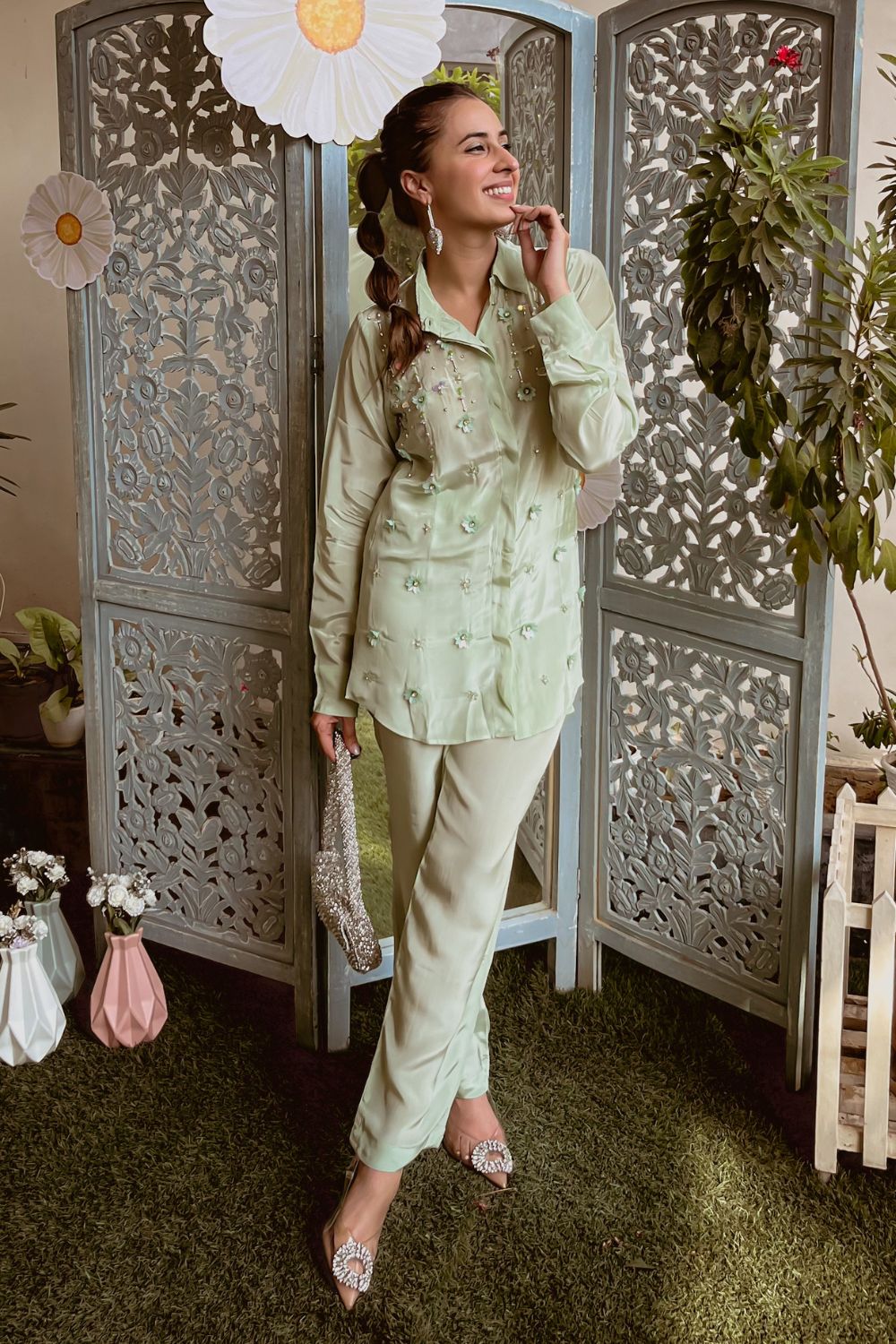 Sania Chadha In Mint Green Embellished Oversized Shirt With Pants
