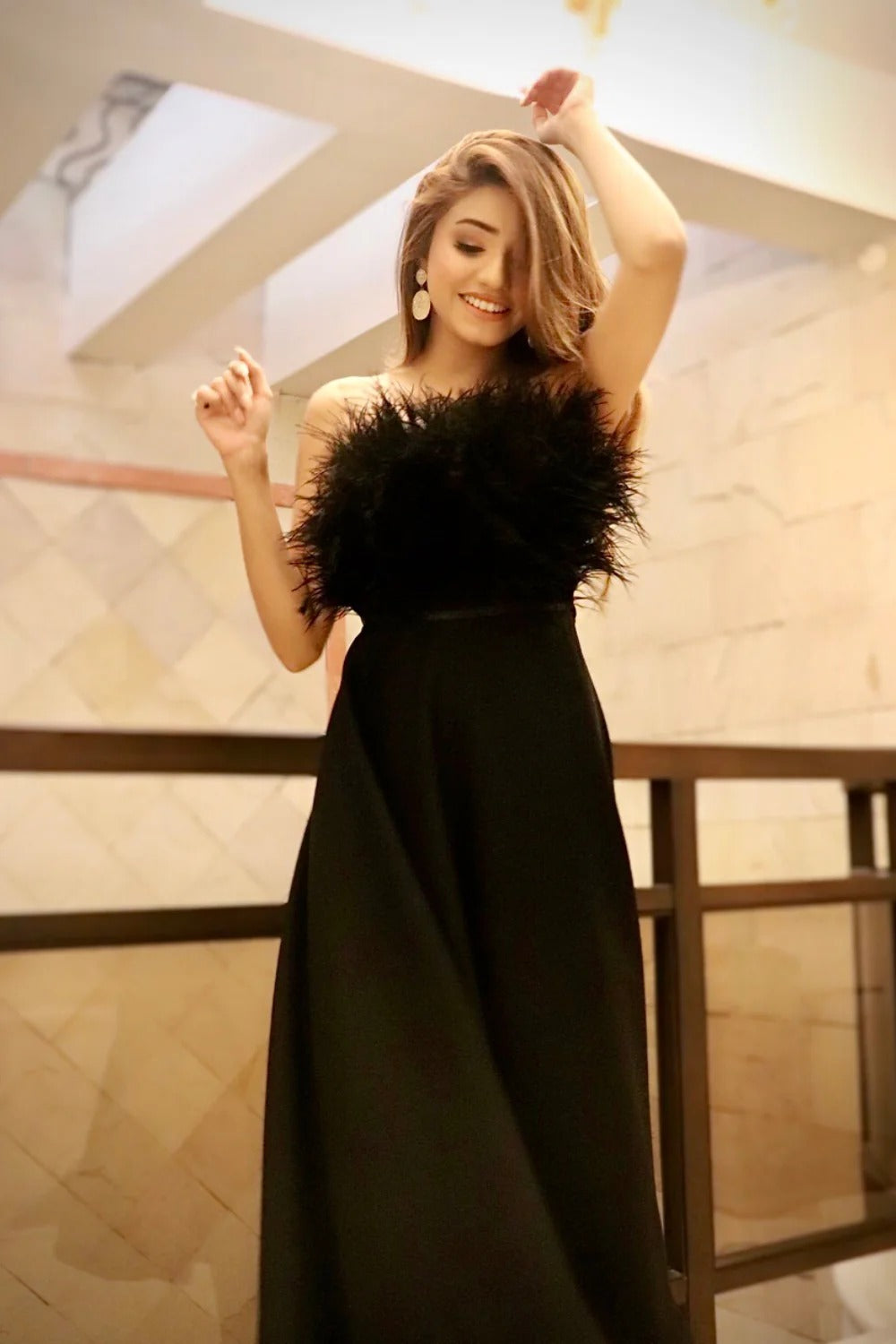 Bloom Black Feather Flared Midi Dress