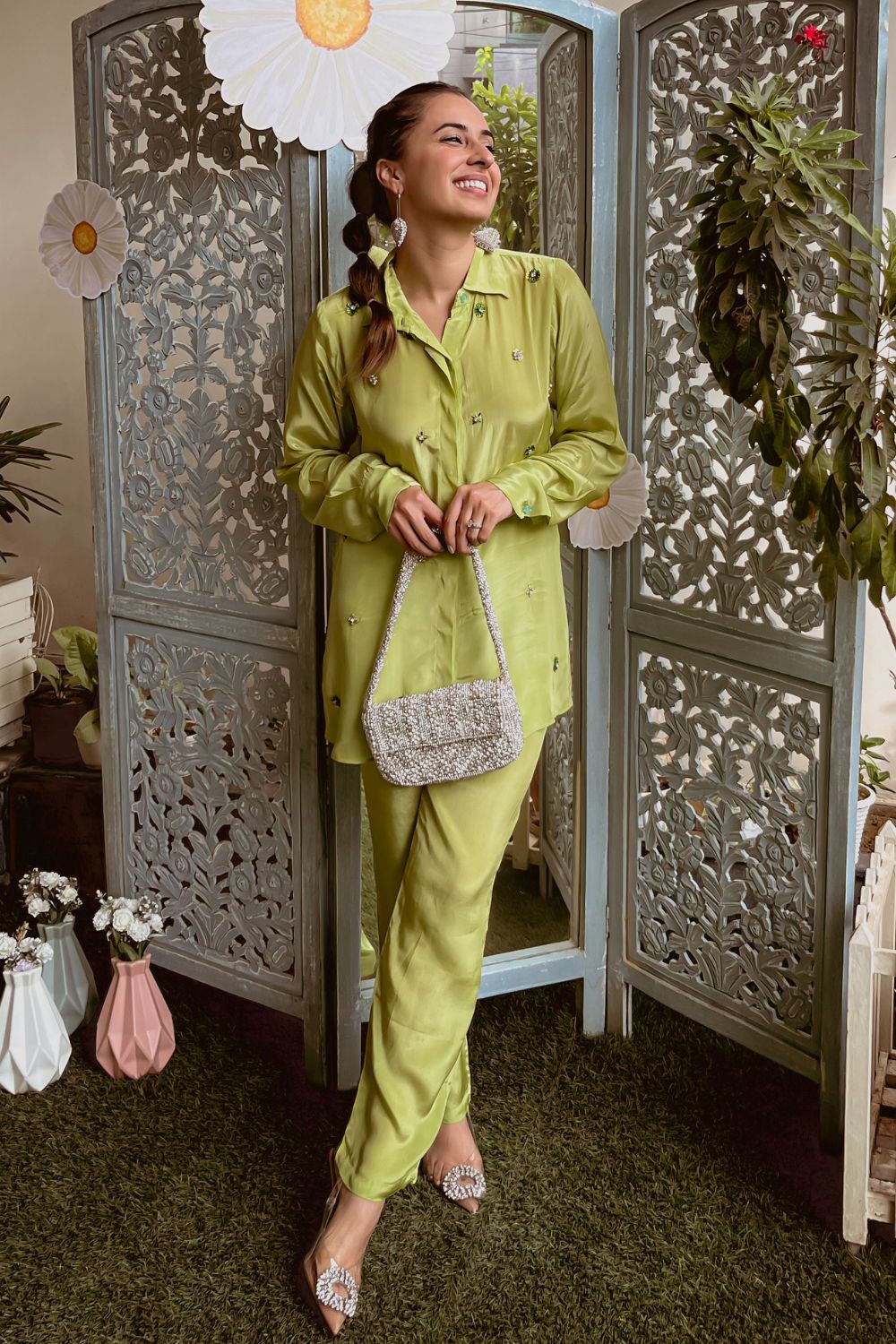Sania Chadha In Lime Green Embellished Oversized Shirt With Pants