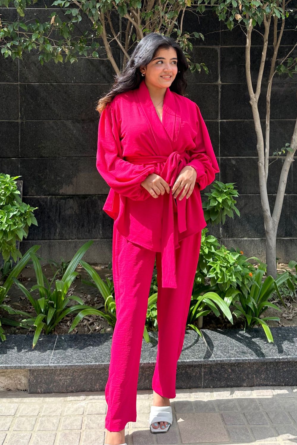 Gaurie Rohatgi In  Boho Hot Pink Viscose Tie up Top with Pants