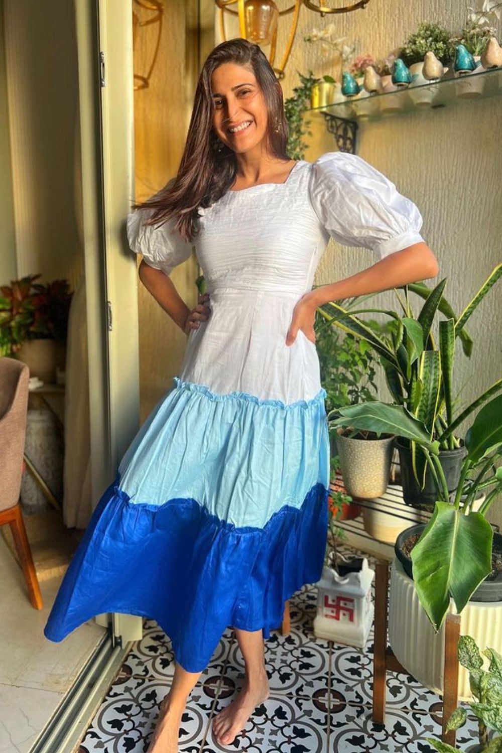 Aahana Kumra In Tiered Midi Dress In White, Powder Blue And Royal Blue