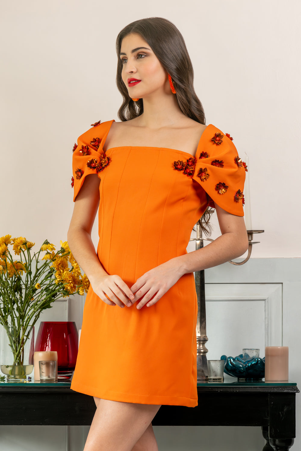 Orange Off-Shoulder Dress With Embellished Sleeves