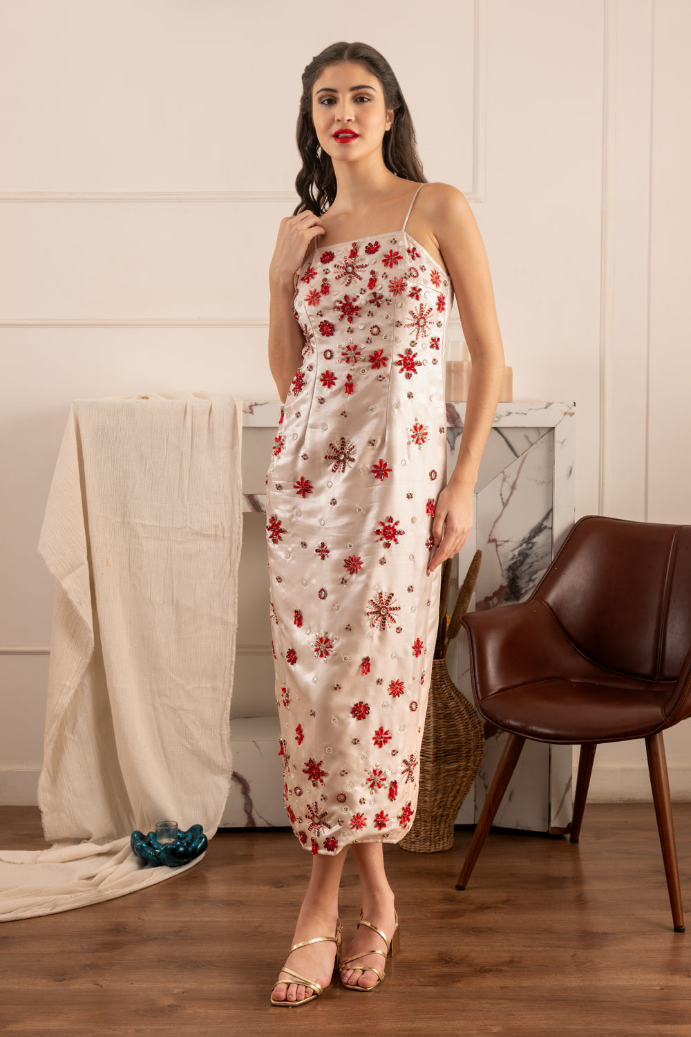 Beige Heavily Embellished Midi Dress