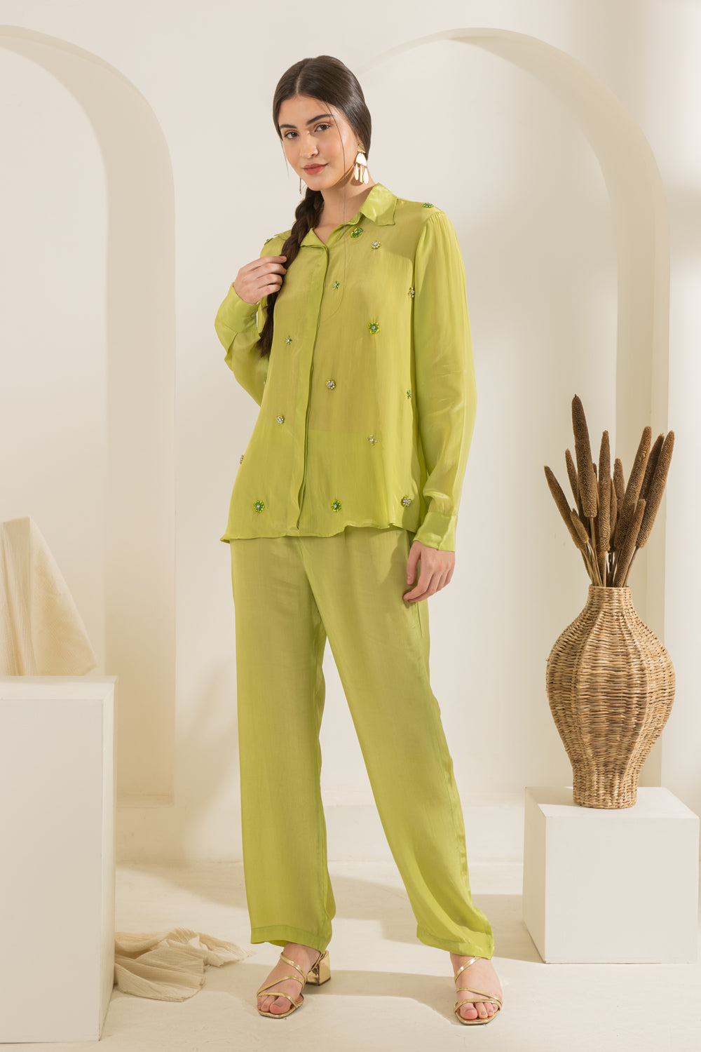 Lime Green Embellished Oversized Shirt With Pants