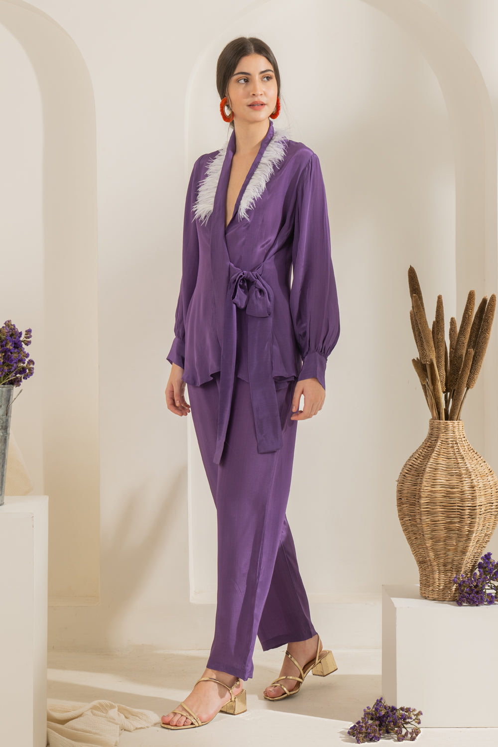 Lavender Feather Oversized Wrap Top With Pants