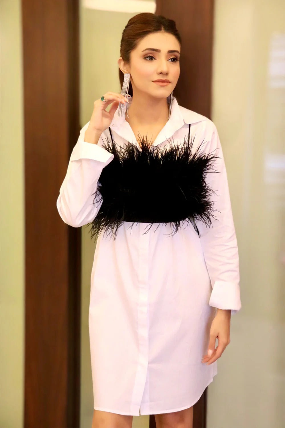 Bloom White Cotton Shirt Dress With Black Feather Crop Top