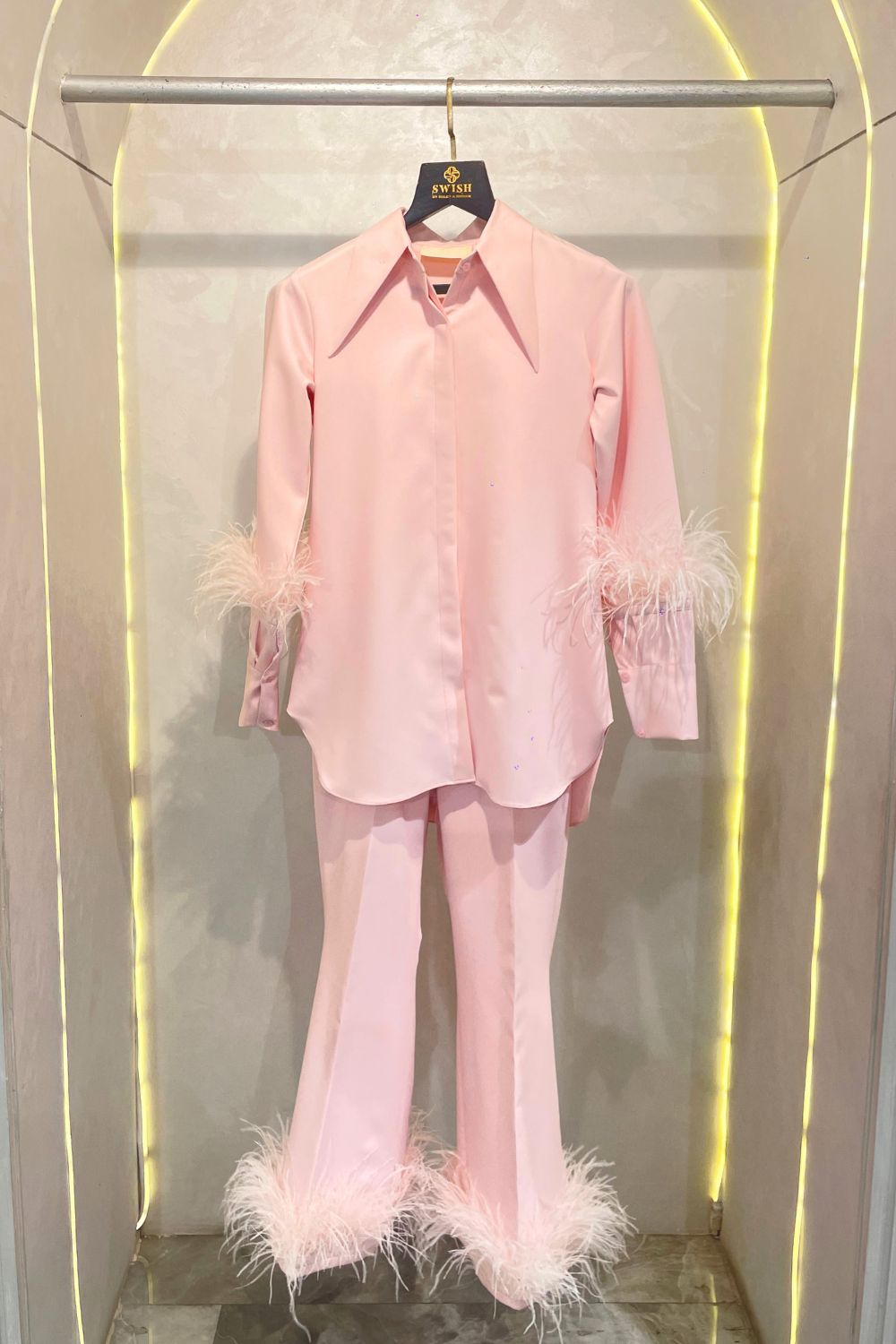 Peach Shirt With Feathered Sleeves And Pants
