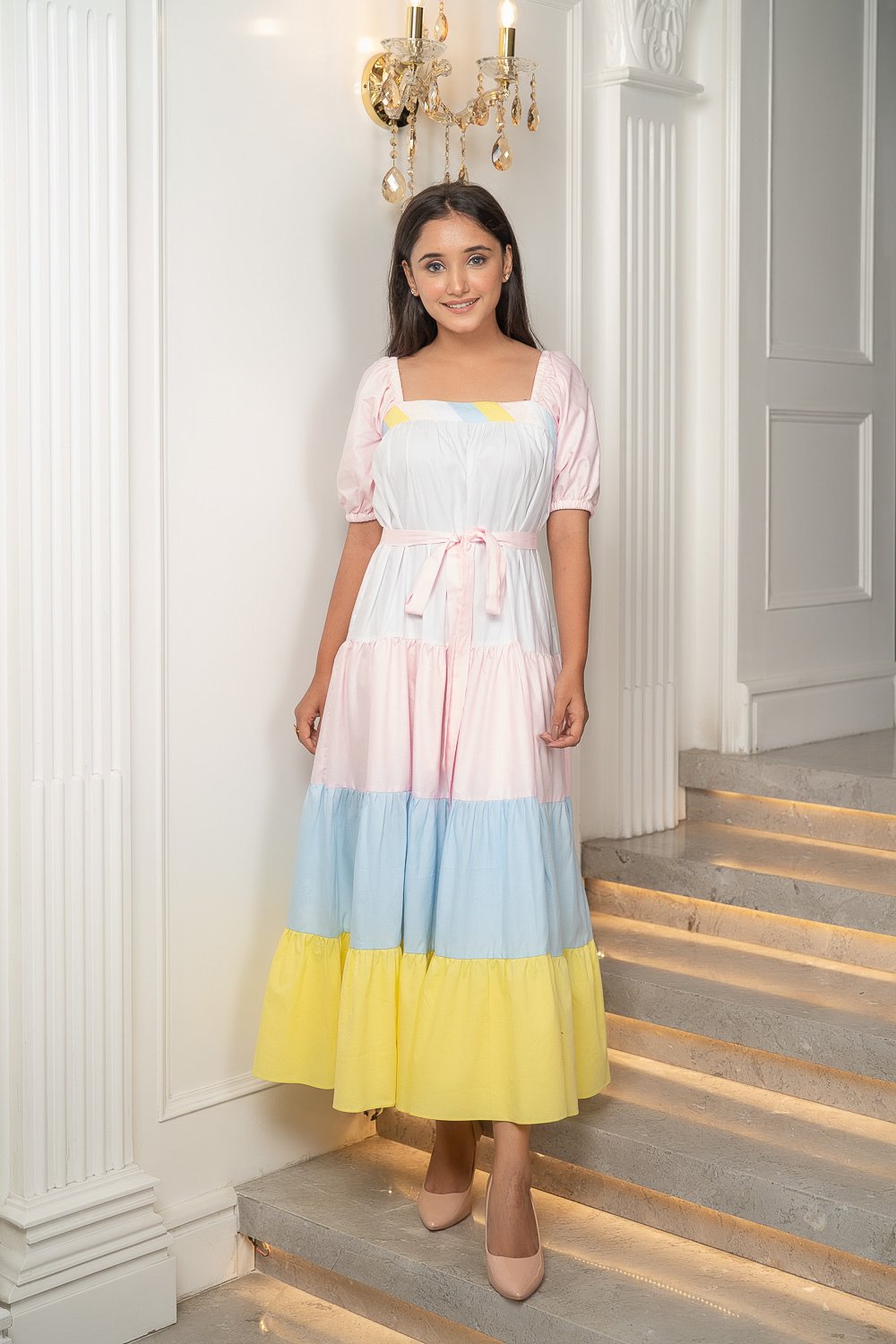 Multi Color Cotton Layered Dress (6942357684402)