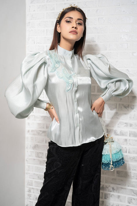 Mint Green Embellished Shirt (7461240373502)