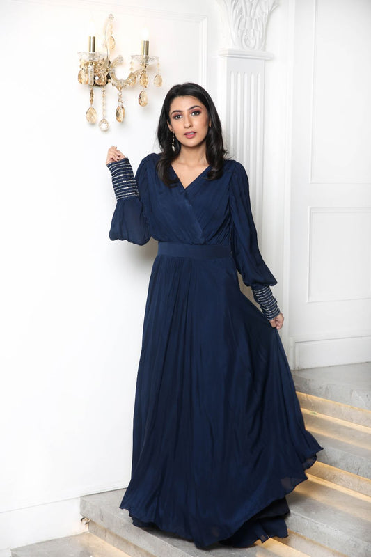 House Party Blue Embellished Cuff Gown (6752229556402)