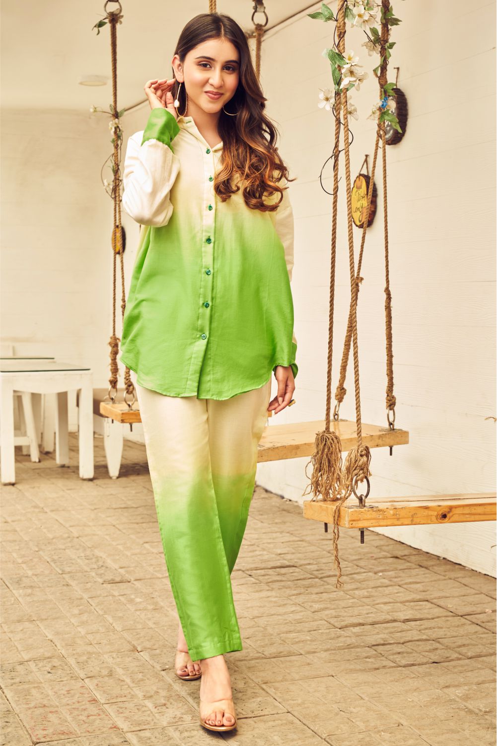 Boho Lime And Green Ombre Oversized Shirt With Pants