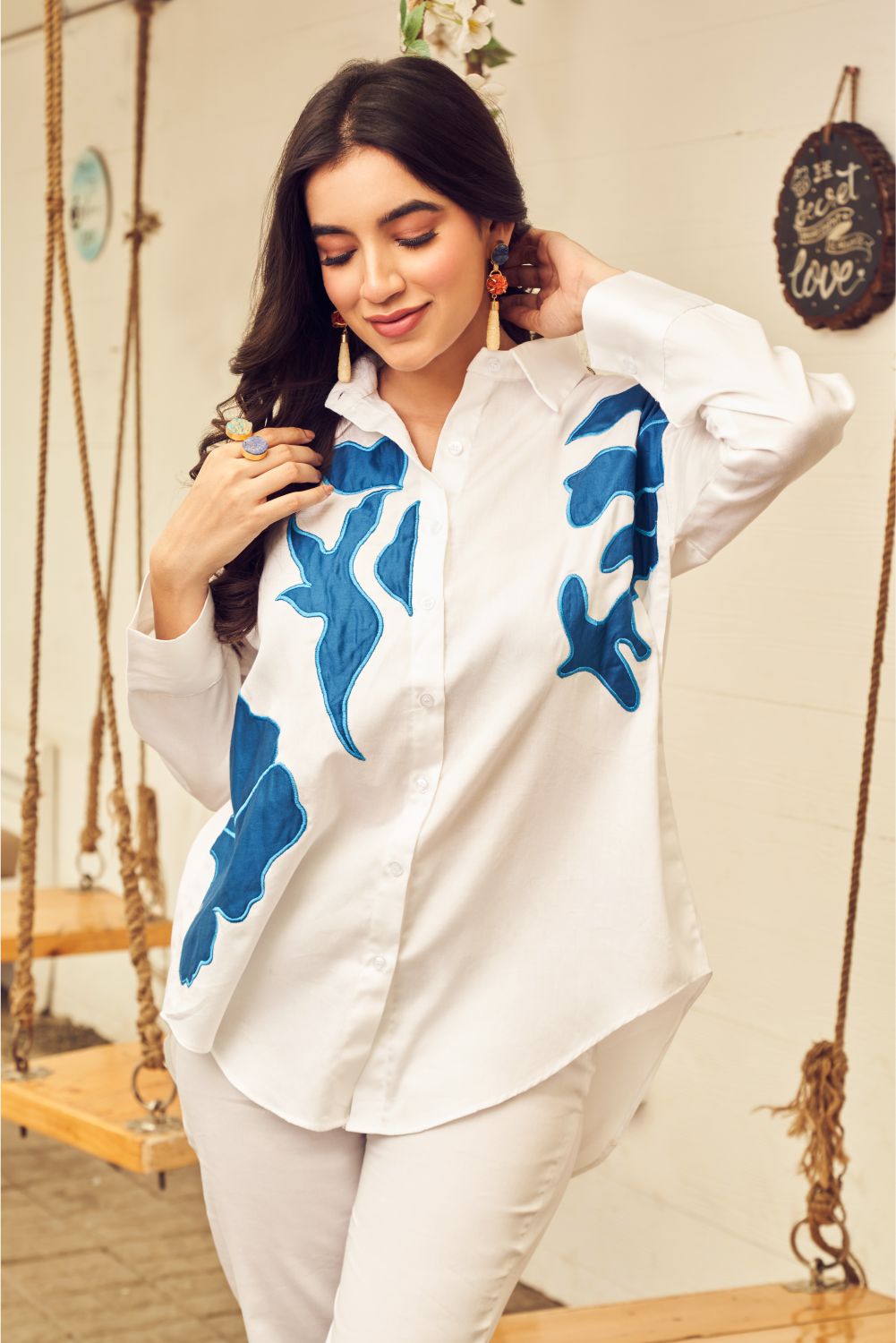 Boho White Oversized Co-ord Set With Royal Blue Patch – LabelSwish
