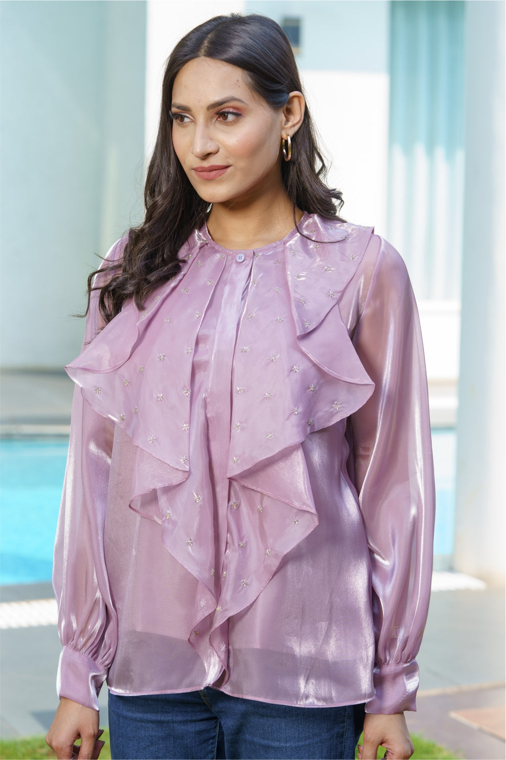 Mauve Paper Organza Shirt With Front Flaps