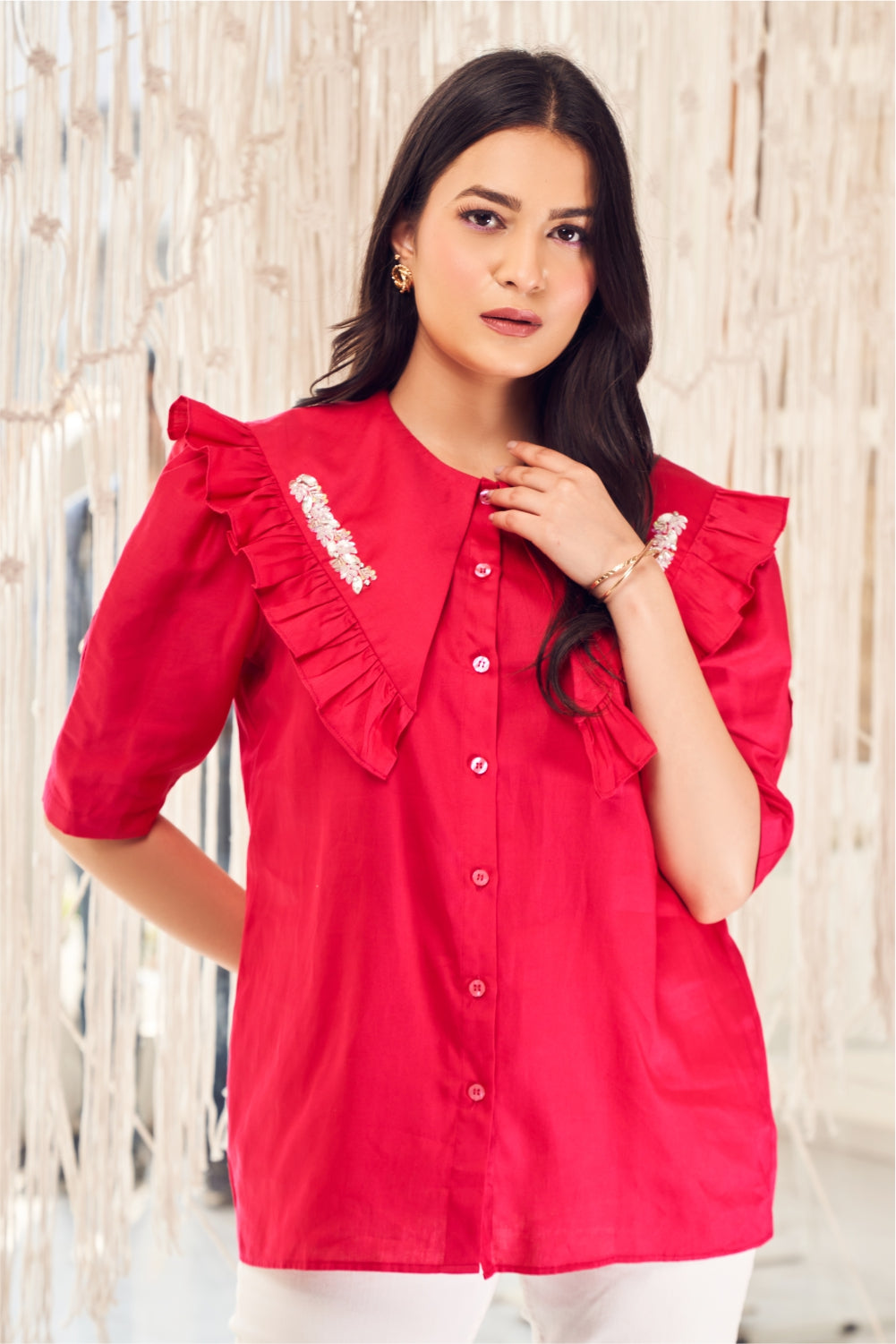 Hot Pink Frilled Collar Shirt With Embellishment