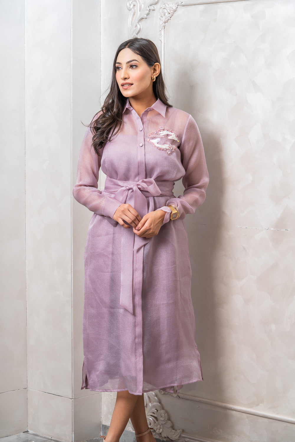 Mauve Organza Dolphin Shirt Dress