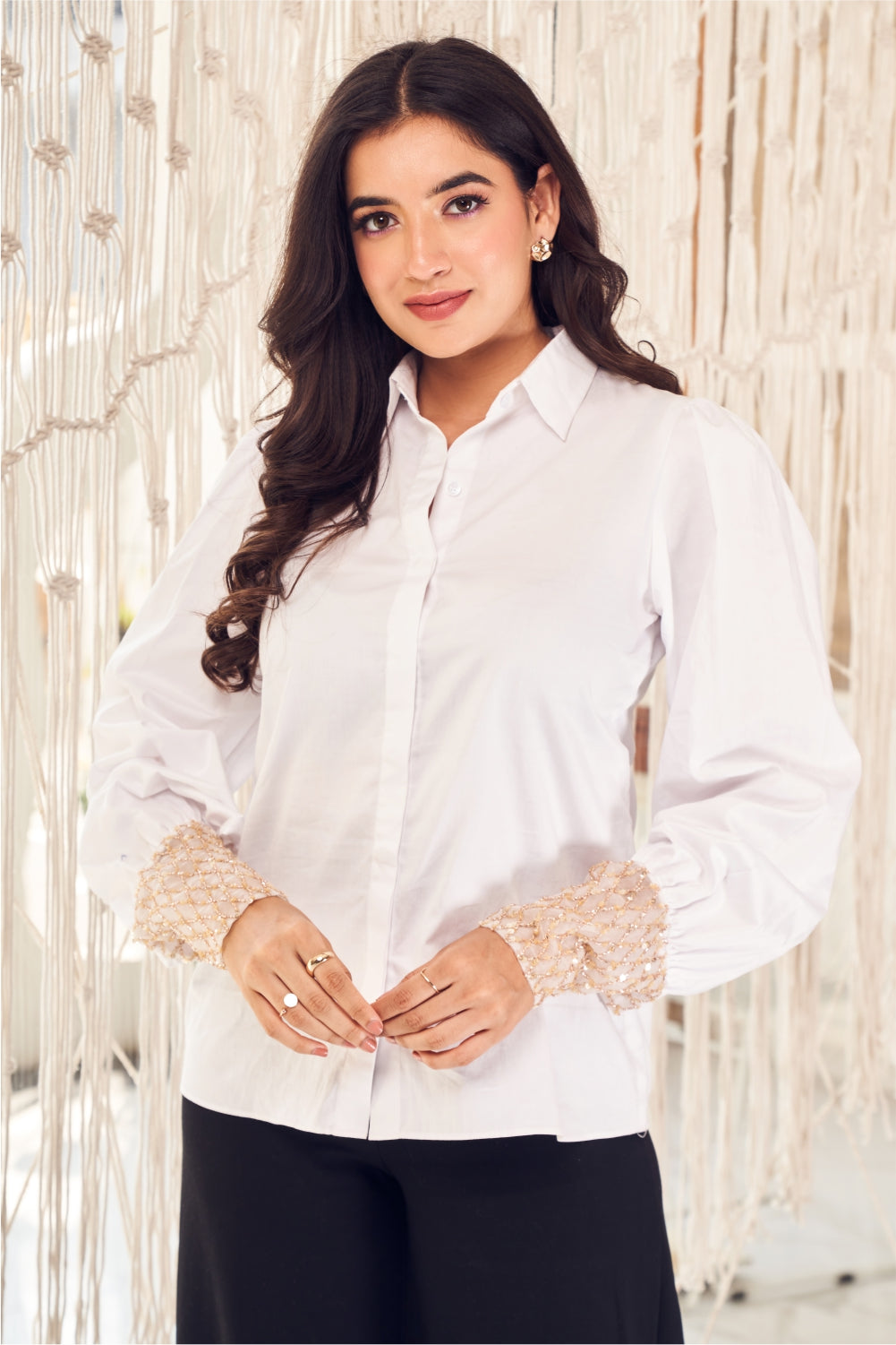 White Cotton Shirt With Rose Gold Embellished Cuffs