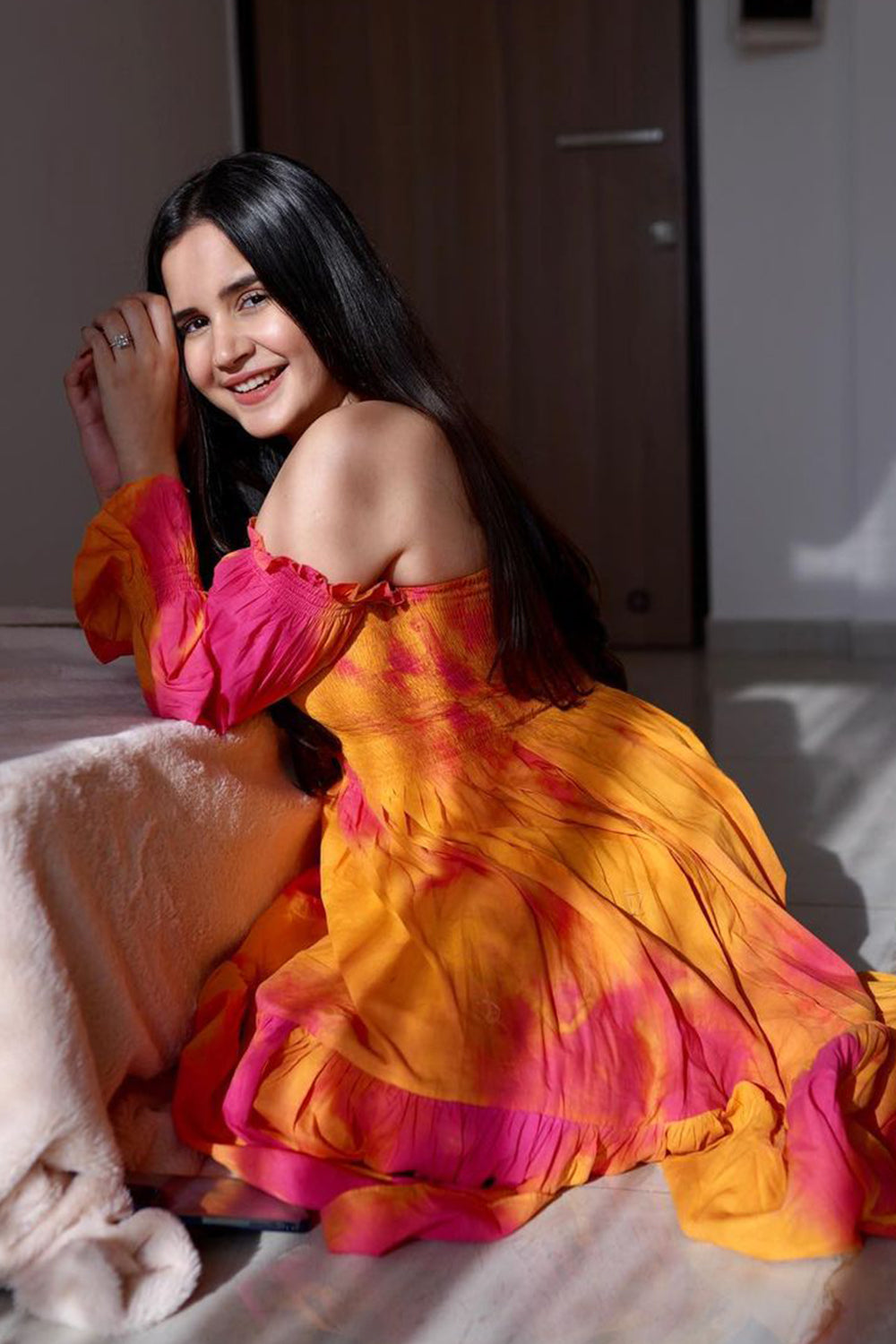 Shivshakti Sachdev In Mustard Tie Dye Smocked Dress (7508512866558)