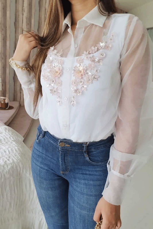 Embellished White organza shirt (6752218415282)